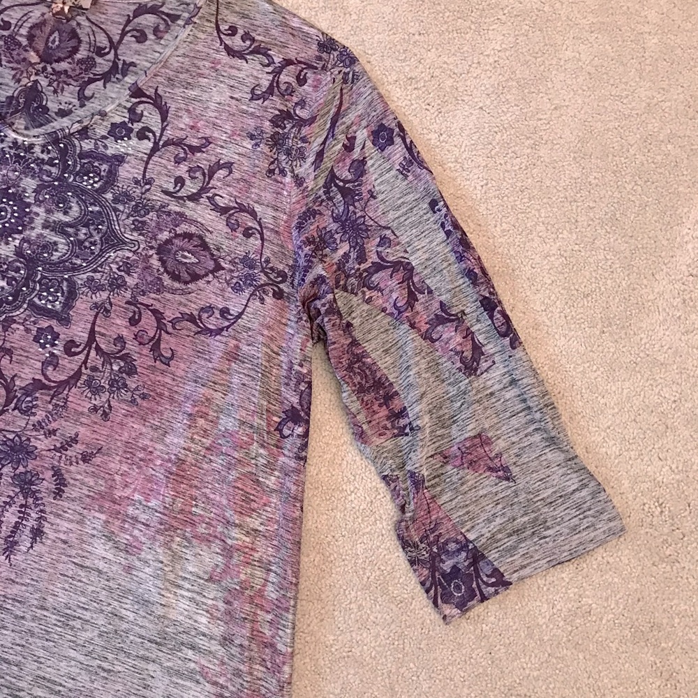 Lavish Tunic Top Womens 3X Fits Like 2X V Neck Purple Grey Touch of Bling Drape - Picture 6 of 9